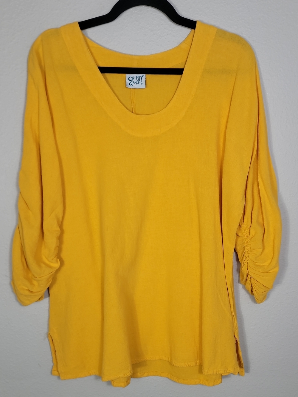 Oh My Gauze Cotton Tunic Top Size 2 / Large XL Yellow Ruched Sleeve